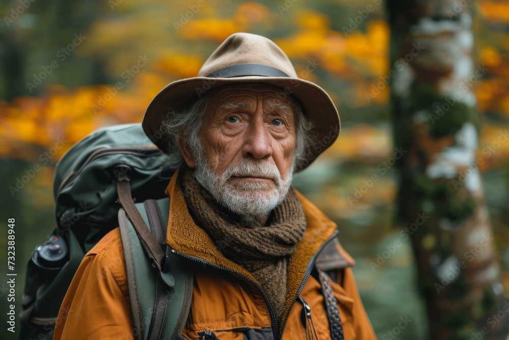 An elderly man is a traveler with a backpack in the autumn in the forest