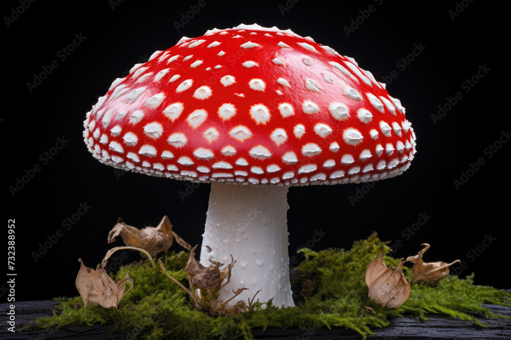 Red and white poisonous Amanita mushroom in dark forest setting. Natural woodland environment. Red and white poisonous Amanita mushroom in dark forest setting. Natural woodland environment.