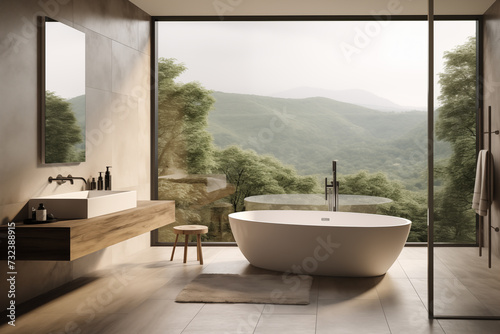 luxurious bathroom, with a modern design, with simple and serene lines, with a large window from which you can see a natural mountain landscape