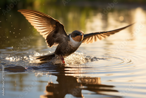 Swallow bird taking off from water surface at sunset. Wildlife and nature. photo