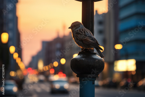 Sparrow perched on lamppost at dusk with city lights. Urban wildlife and nature.