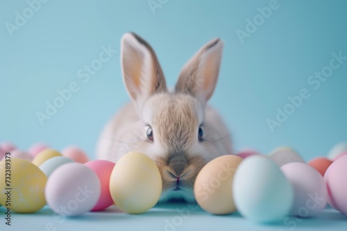 Happy Easter Eggs Basket negative space. Bunny in flower easter color wheel decoration Garden. Cute hare 3d note easter rabbit spring illustration. Holy week Egg basket card wallpaper PBR