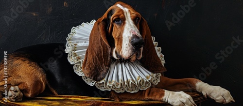 A Basset Hound, a dog breed known for its long ears and short legs, rests on a table with a white collar around its neck.