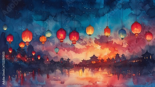 Chinese Lanterns Illuminate the Sky: A Stunning Painting of the Mid-Autumn Festival Generative AI
