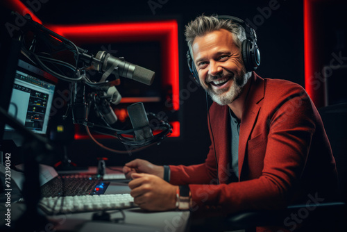 Radioman hosting show at radio station studio. Broadcasting and entertainment. photo