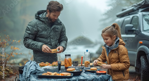 family makes food on the off road-trip