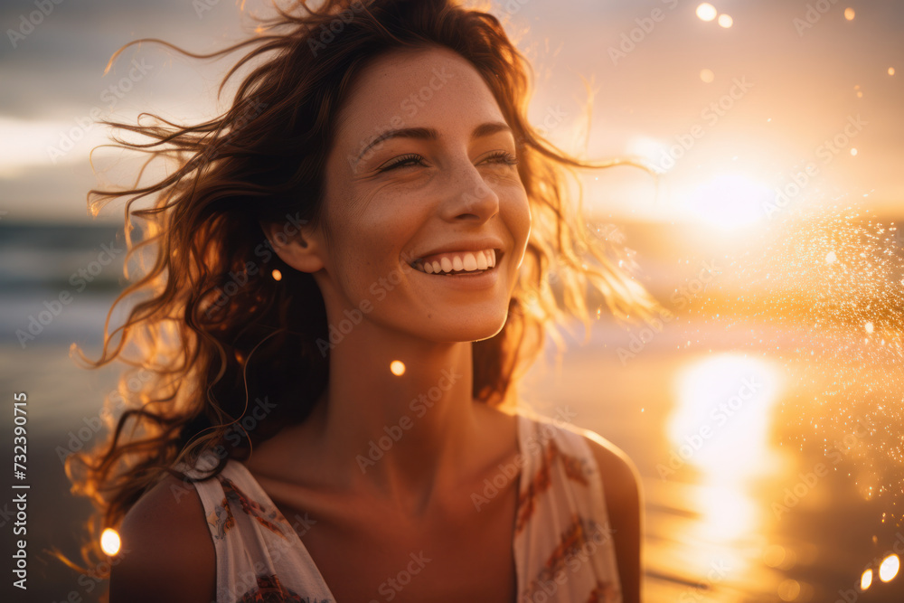 Smiling woman enjoying sunset on beach. Serenity and relaxation.