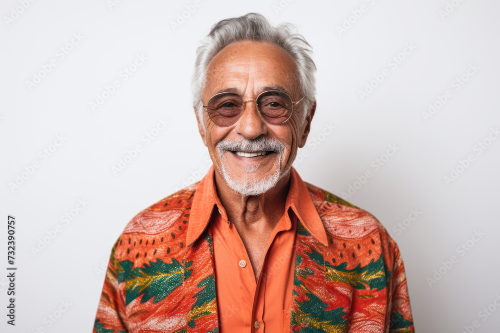 Senior man smiling in vibrant shirt against white background. Cheerful retirement. Senior man smiling in vibrant shirt against white background. Cheerful retirement.