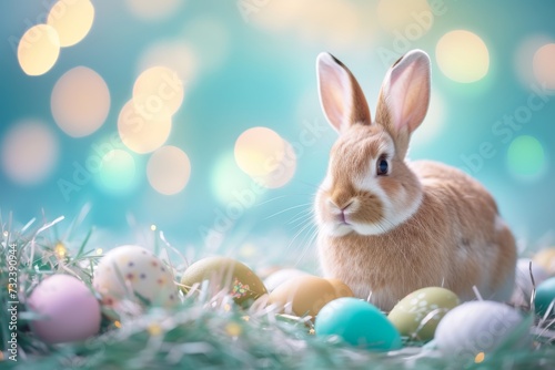 Happy Easter Eggs Basket peonie. Bunny in flower easter lily decoration Garden. Cute hare 3d Wicker basket easter rabbit spring illustration. Holy week orange zest card wallpaper greeting