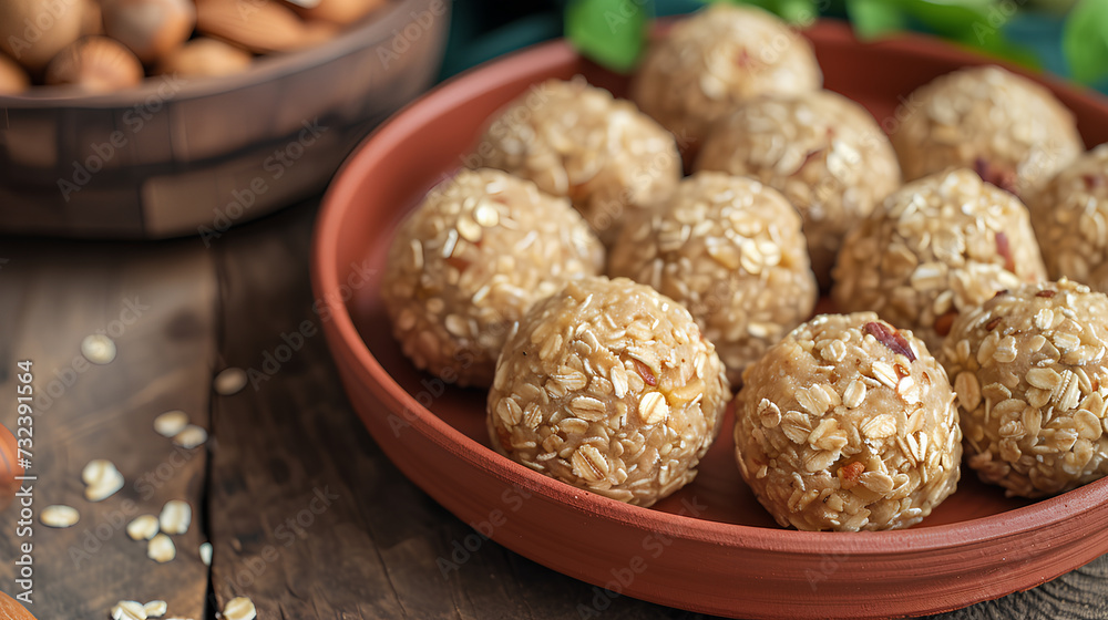 Oats laddu or Ladoo also known as Protein Energy balls, served in a plate or bowl Oats laddu or Ladoo also known as Protein Energy balls, served in a plate or bowl