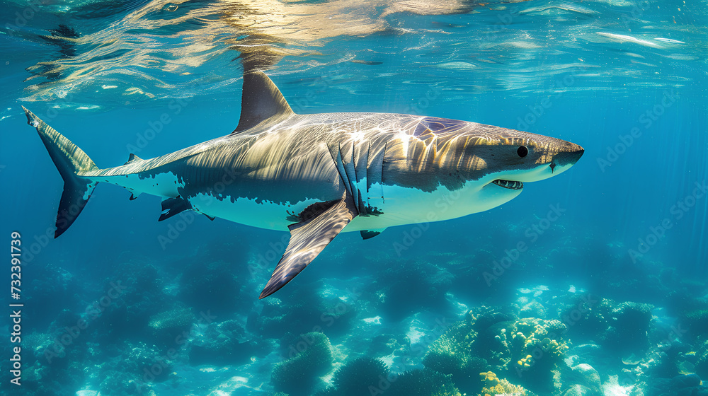 Obraz premium Ocean shark Underwater blue sea waves clear water shark swims forward