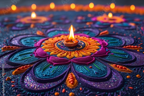 Candlelit Yoga: A Purple Mandala Rug with a Lit Candle Generative AI © Riya