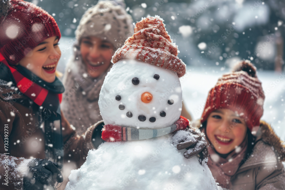 Family enjoying winter day building snowman together. Seasonal outdoor activity.