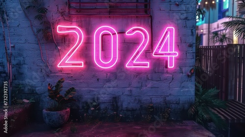 2024 neon sign bright pink numbers signboard light banner logo neon emblem stock