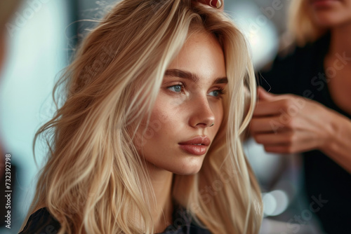 Blonde woman getting hairstyle in modern salon. Beauty and haircare.