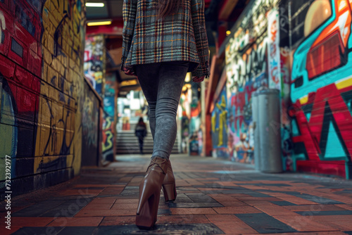 Woman walking in urban alley with graffiti in fashionable outfit. Urban street style.