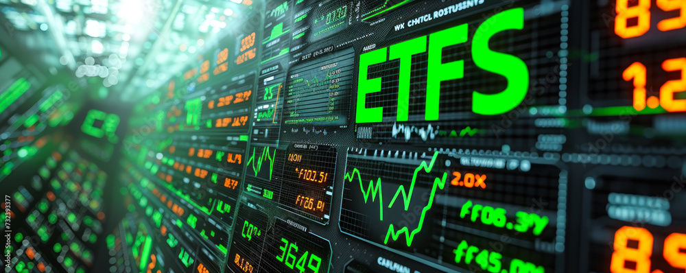 Digital screen showcasing ETFs (Exchange Traded Funds) performance with dynamic green arrows indicating growth in the stock market Digital screen showcasing ETFs (Exchange Traded Funds) performance with dynamic green arrows indicating growth in the stock market