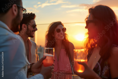 Friends enjoying rooftop party at sunset. Social gathering and friendship.