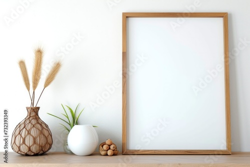 Realistic wooden frame mockup with vases and houseplant on a white wall.