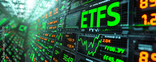 Digital screen showcasing ETFs (Exchange Traded Funds) performance with dynamic green arrows indicating growth in the stock market