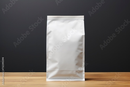Sealed white pouch packaging on a wooden table with a dark background.