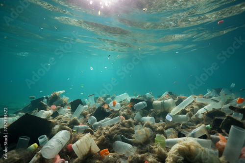 Plastic bottle floating in ocean. Plastic carrier bags and other garbage pollution in ocean