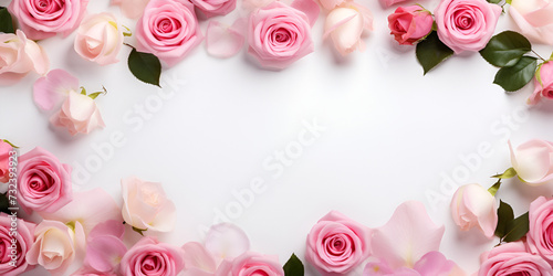 Pink rose flowers on white background, flat lay with space for text, Close up of blooming pink roses flowers and petals isolated on white table background with Empty space,mothers day, valentines day © Maria