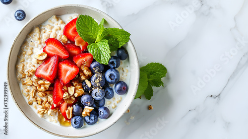 Summer morning scene featuring a bowl of homemade healthy oatmeal topped with fresh strawberries, and blueberries on a white background