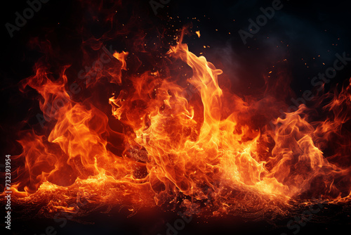 Fire flames on black background. Blaze fire flame background and textured