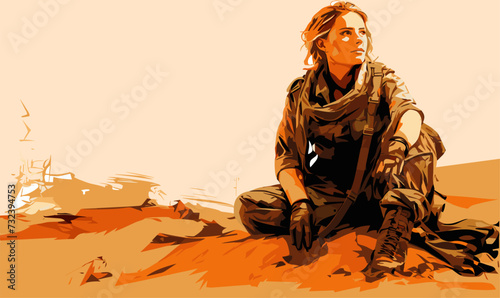 woman military man sitting on sand vector icon