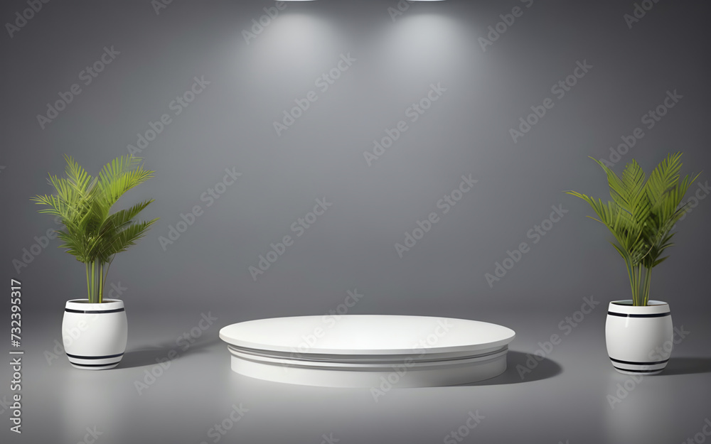 product display background with round podium and plant and lighting ai generated