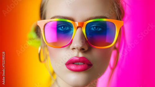 beautiful woman wearing colorful sunglasses against multi color background. Photo of young stylish energetic woman wearing vivid spectacles. Fashion design