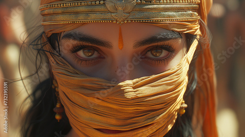 Portraying Maha Bharata Warrior woman Gandhari, the mother of the Kauravas, blindfolded in a gesture of sacrifice and solidarity with her blind husband, King Dhritarashtra. photo