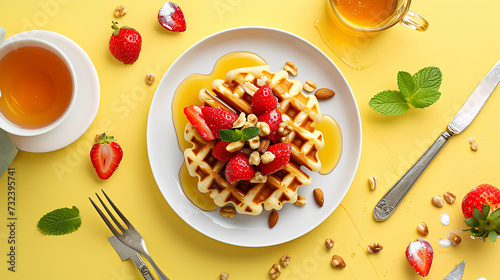 Top-down view of a crispy waffle adorned with luscious strawberries, and crunchy nuts, drizzled with golden honey, and accompanied by a steaming cup of tea on a yellow background