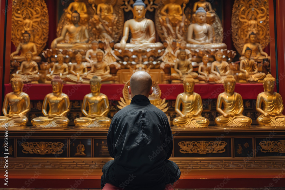 a monk is meditating in front of many golden buddha statues