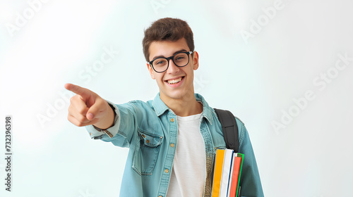 A young teacher in glasses with books finger pointed at you,