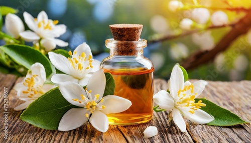 Neroli essential oil with flowers on a wooden background  © Marko