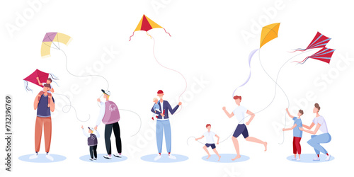Set of people with kids flying kites outdoors. Father and son running and walking, holding flying wind toy in hands. Kite flying day. Flat style people vector illustration.
