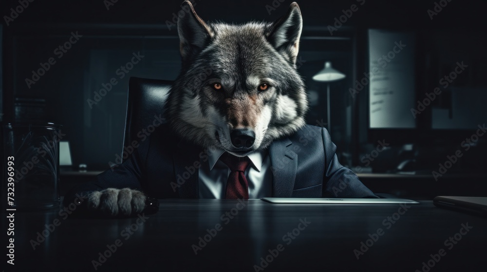 Wolf in Business Suit Seated at Office Desk - obrazy, fototapety, plakaty 