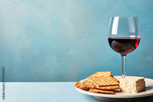 Matzah, red wine kosher and traditional ritual Jewish bread on blue background with copy space. Pesach Jewish holiday. Passover food and celebration concept