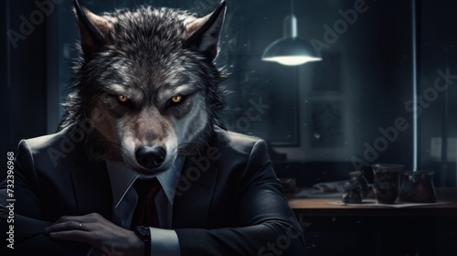 Wolf in Business Suit Seated at Office Desk
