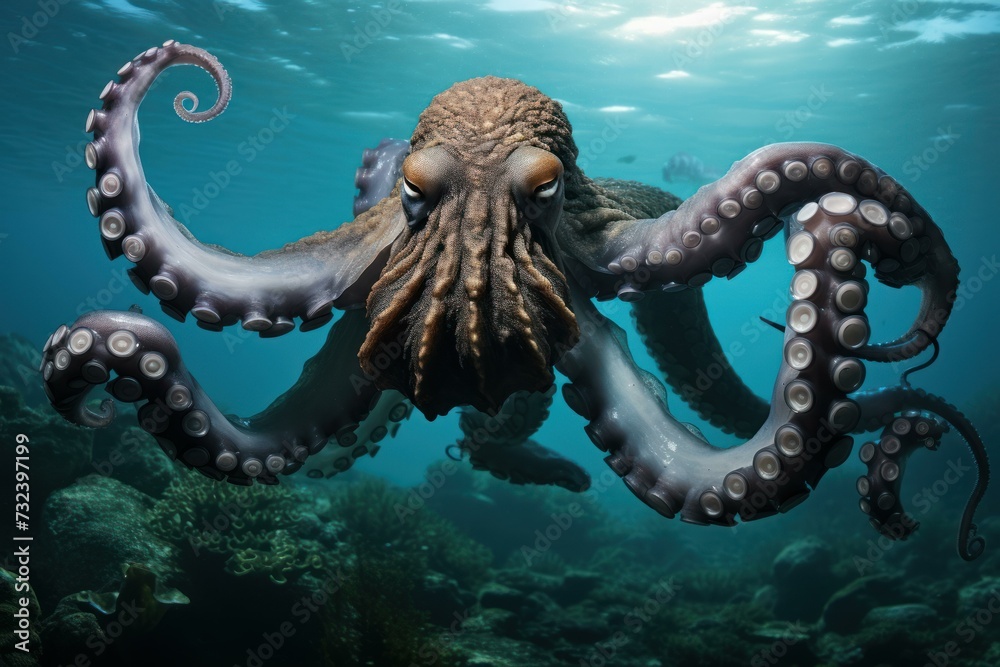 Octopus underwater daylight. Nature water sea. Generate Ai Octopus underwater daylight. Nature water sea. Generate Ai