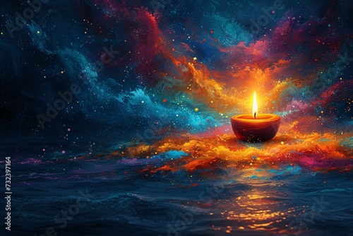 Glowing Candle in a Colorful Ocean Generative AI