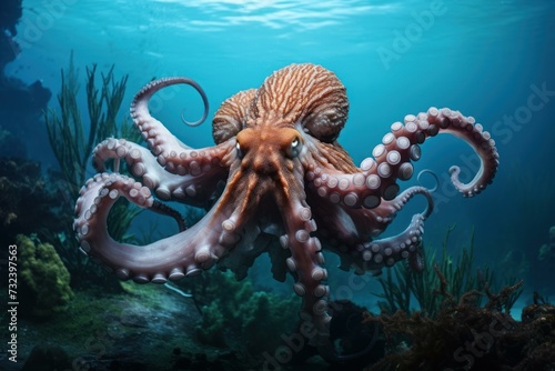 Mysterious Octopus underwater daylight. Nature water sea. Generate Ai
