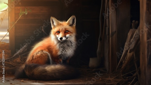 Resting Fox Bathed in Sunlight Inside a Wooden Shelter