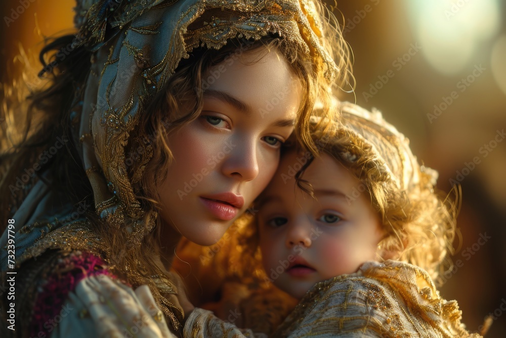Woman and Child in Renaissance Clothing. Generative AI. Woman and Child in Renaissance Clothing. Generative AI.