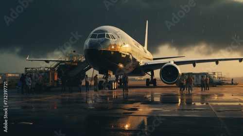 Rainy Twilight at the Airport with Passenger Aircraft