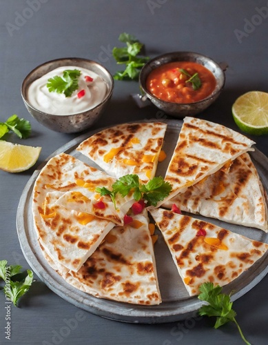 Quesadillas presented in a Tasteful Way with Melted Cheese on a Platter - Spanish or Mexican Cuisine