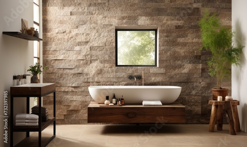 Modern Bathroom with Stone Wall and Freestanding Tub