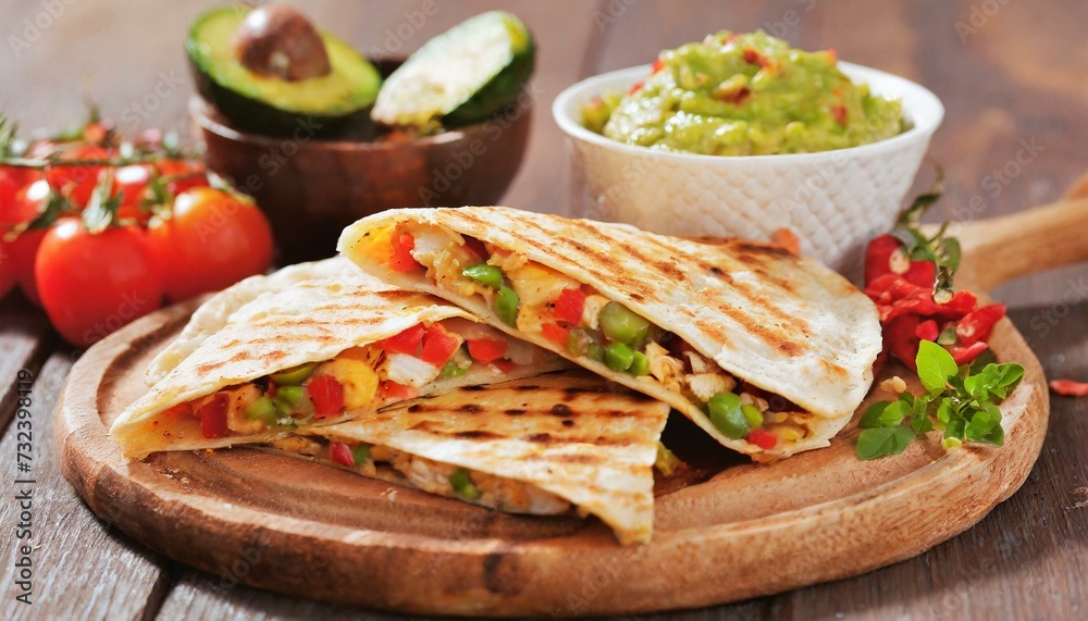 Quesadillas presented in a Tasteful Way with Melted Cheese on a Platter - Spanish or Mexican Cuisine Quesadillas presented in a Tasteful Way with Melted Cheese on a Platter - Spanish or Mexican Cuisine
